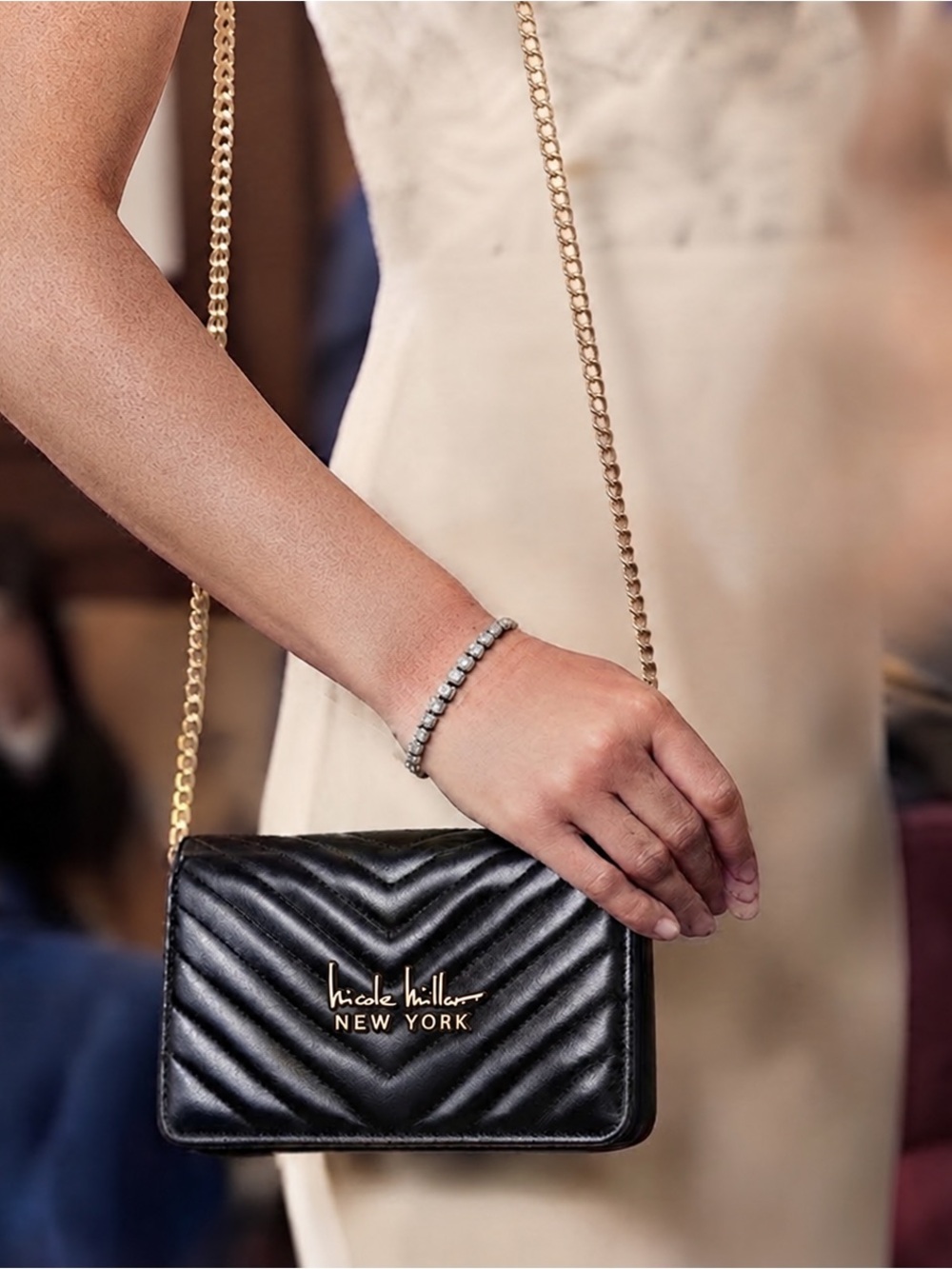Nicole Miller NWT Black Quilted 
Patent Bag w/ Gold Logo
& chain crossbody strap